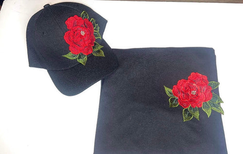 Black basketball cap and t -shirt with red rose